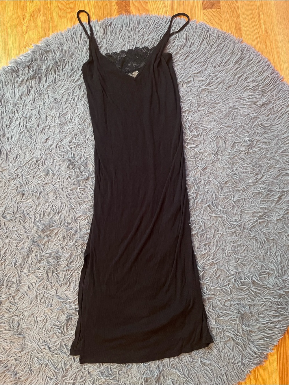 Nordstrom Lingerie Black Ribbed Lace-Trim Slip Dress Size S